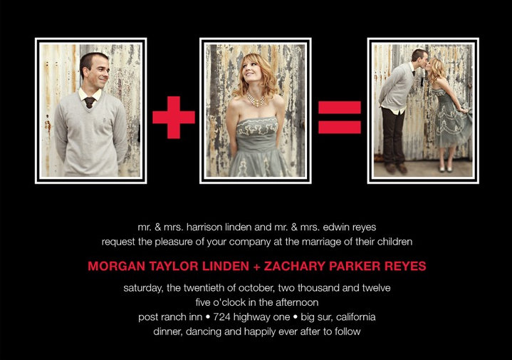 Give your guests the perfect love equation with these playful romantic math invitations ($45-$150, depending on order size).
Give your guests the perfect love equation with these playful romantic math invitations ($45-$150, depending on order size).