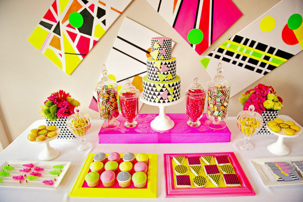 Neon 80s Dessert Table Weddings Through The Decades Colorful 80s