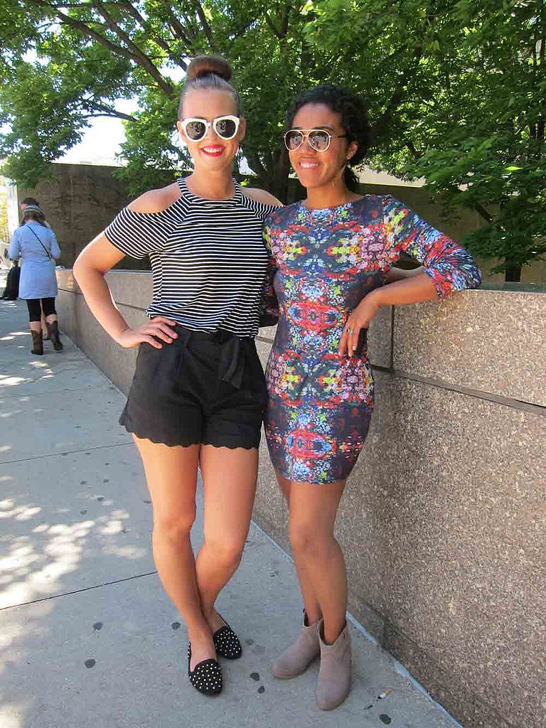 On-trend friends! Jade went black and white with an open-shoulder MinkPink top and sunglasses and studded flats, both from Topshop. Meanwhile, Pamela opted for a digital-printed dress from MinkPink (this style was popular at Lollapalooza!) and taupe Target booties.
On-trend friends! Jade went black and white with an open-shoulder MinkPink top and sunglasses and studded flats, both from Topshop. Meanwhile, Pamela opted for a digital-printed dress from MinkPink (this style was popular at Lollapalooza!) and taupe Target booties.