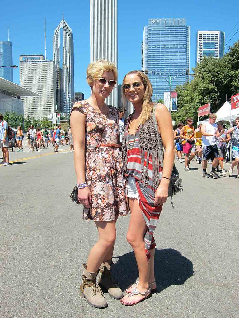Marissa opted for florals with her fit-and-flare Target dress but edged it up with Alloy boots. Lindsey paired her striped tank with a PacSun vest that paired two popular fest apparel styles: crochet and fringe.
Marissa opted for florals with her fit-and-flare Target dress but edged it up with Alloy boots. Lindsey paired her striped tank with a PacSun vest that paired two popular fest apparel styles: crochet and fringe.