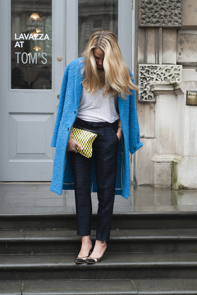We love the shoes, too — but we're more infatuated with that brilliant blue coat.
We love the shoes, too — but we're more infatuated with that brilliant blue coat.