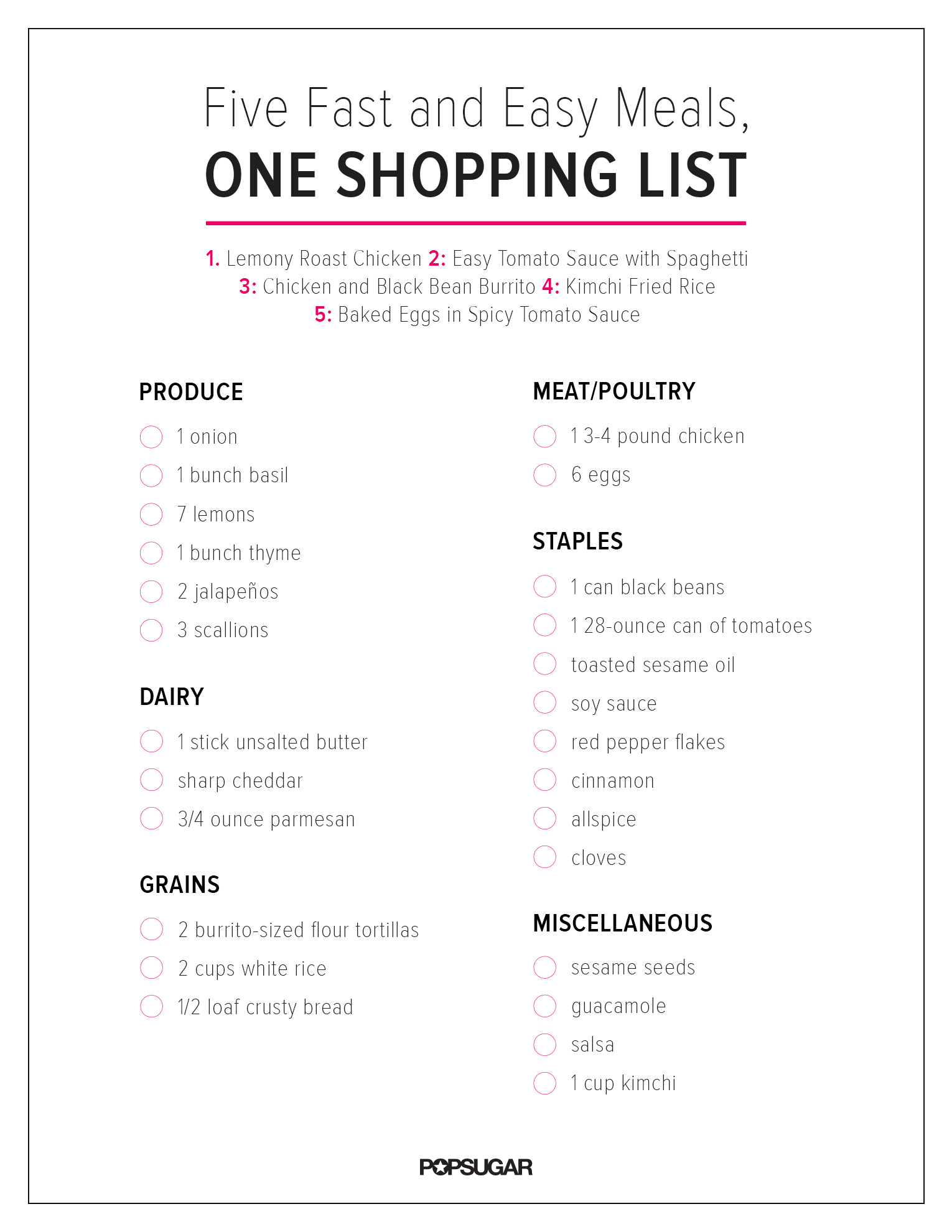 Shopping List 5 Fast and Easy Meals, 1 Shopping List POPSUGAR Food