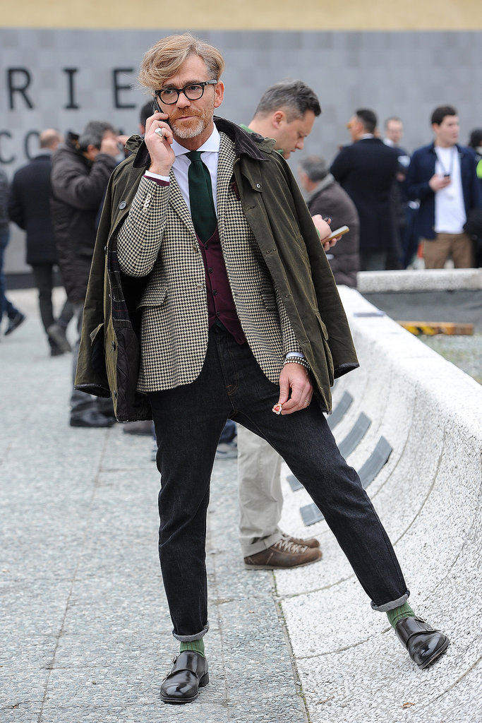 The perfect ankle-rolled denim revealed smart socks and buckled brogues.
The perfect ankle-rolled denim revealed smart socks and buckled brogues.
