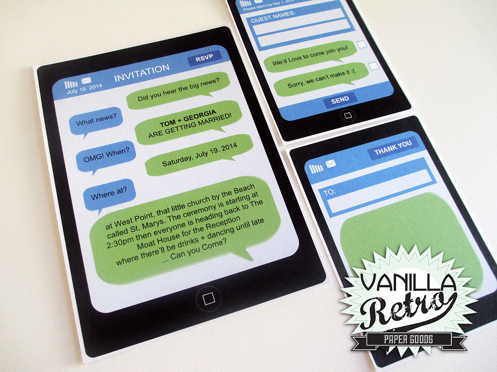 Of course you can't have a geeky wedding-invite roundup without one for iPhone-lovers ($57 for digital file).
Of course you can't have a geeky wedding-invite roundup without one for iPhone-lovers ($57 for digital file).