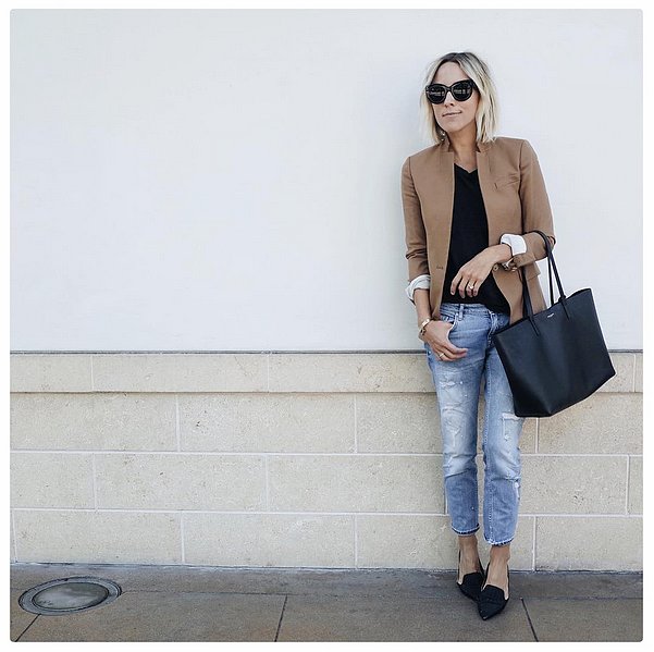 With a Neutral Blazer, Complementing Tee and Baggy Jeans