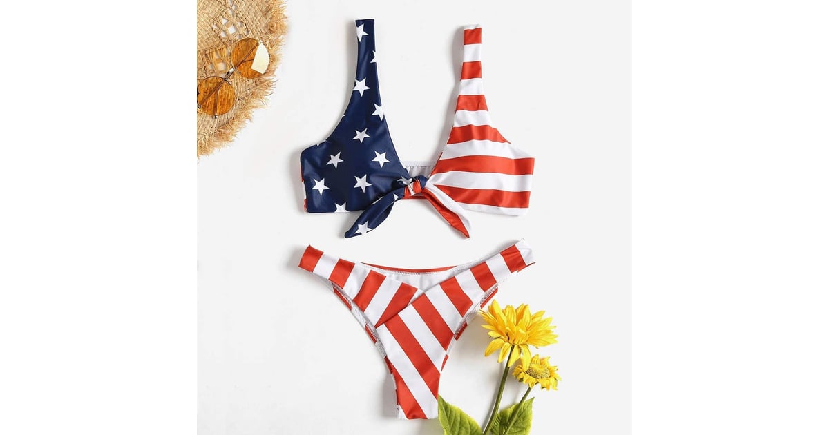 A Tie Front Bikini Tswrk Tie Knot Front American Flag Bikini Set