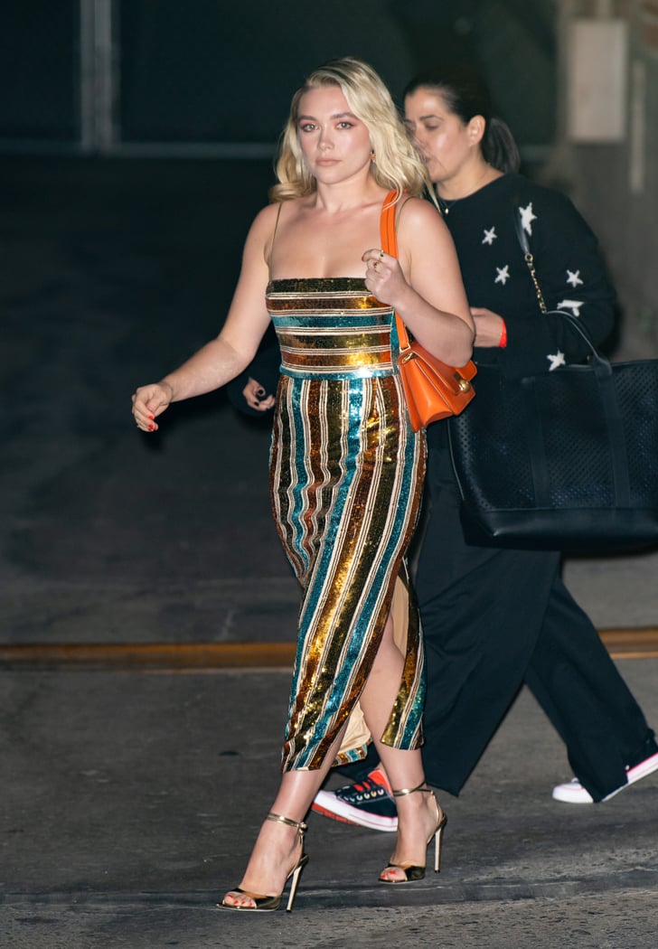 Florence Pugh S Striped Sequin Dress On Jimmy Kimmel Live Popsugar