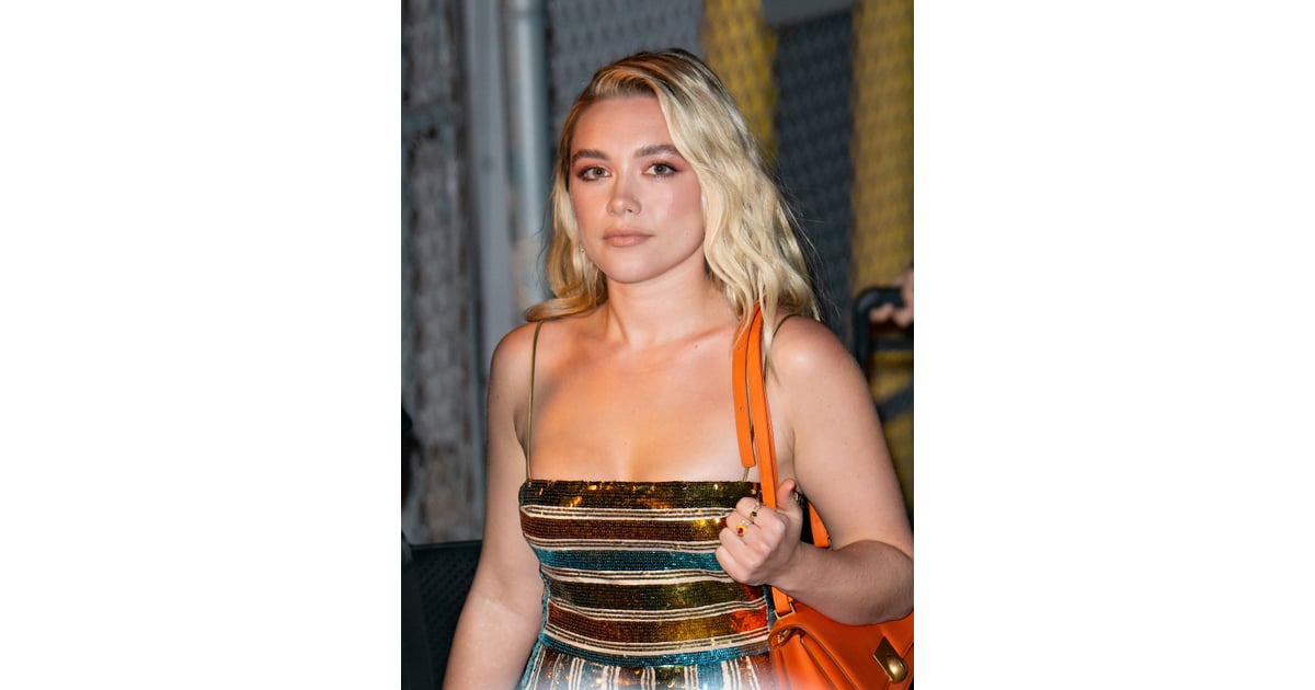 Florence Pugh S Striped Sequin Dress On Jimmy Kimmel Live Popsugar