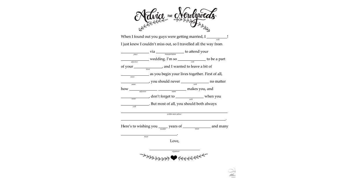 Advice to Newlyweds | 14 Free, Fun, and Printable Wedding Mad Libs ...