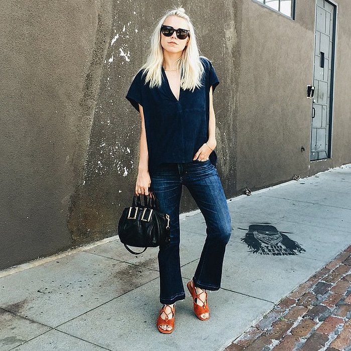 A Suede Top, Flared Jeans, Sandals, and a Statement Bag | 40 Last ...