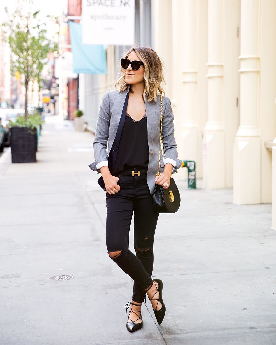 A Gray Blazer, a Black T-Shirt, Black Jeans, and Black Flats | 100 Easy ...