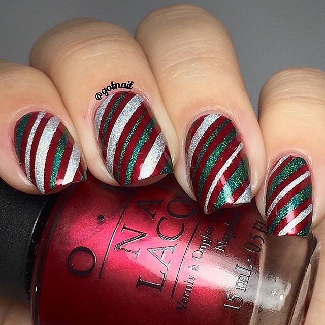 Red, Silver, and Green Candy Canes | 50 Holiday Nail Art Ideas That ...