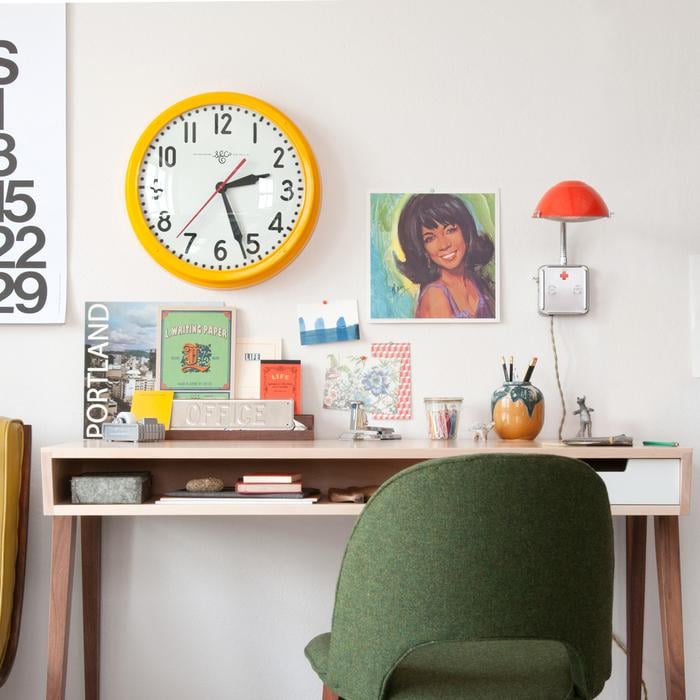 Schoolhouse Electric Clock in Industrial Yellow