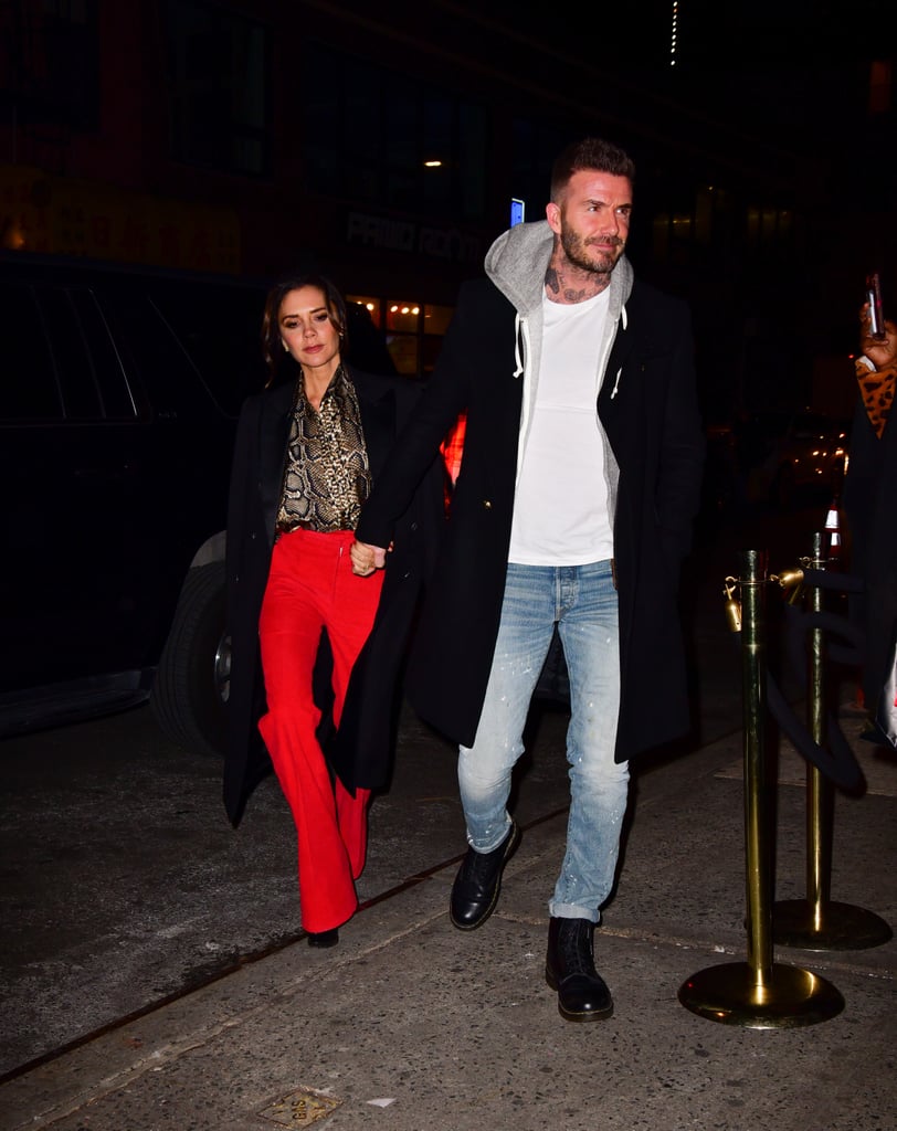 Victoria Beckham Red Pants and Snakeskin Blouse January 2019