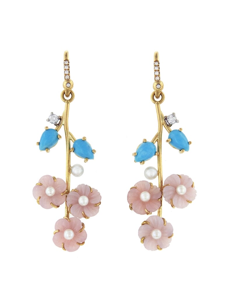 Irene Neuwirth Turquoise, Akoya Pearl and Pink Opal Flower Drop Earrings