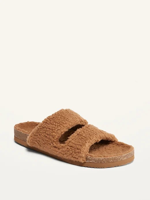 Old Navy Cozy Sherpa Double-Strap Slide Slippers in Caramel Macchiato