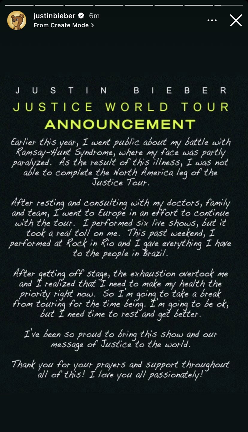 Justin Bieber announces Justice Tour cancellation