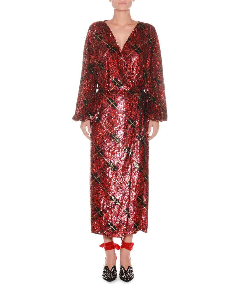 Attico Blouson-Sleeve Plaid Sequin Wrap Robe Evening Dress