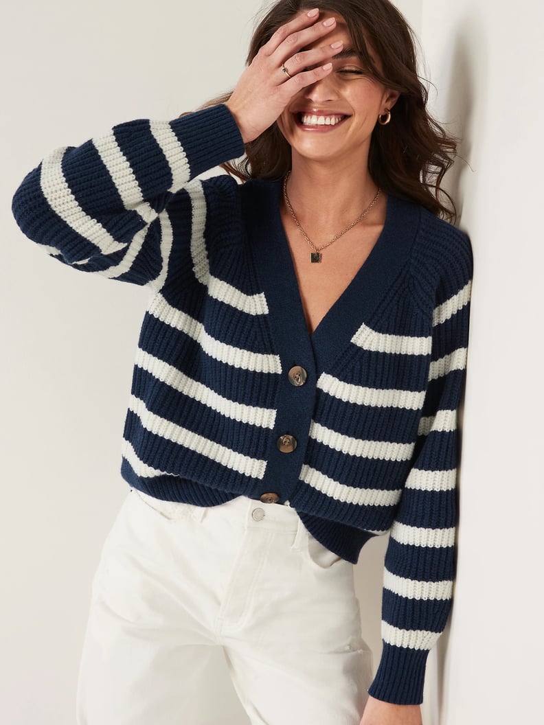A Cozy Cardigan: Old Navy Brushed Striped Shaker-Stitch Cardigan Sweater