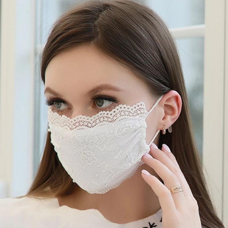 White Lace Face Mask with Pearls