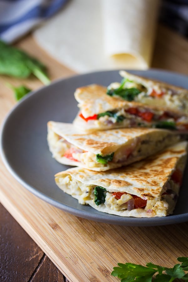 Spinach, Feta, and Red Pepper Breakfast Quesadillas