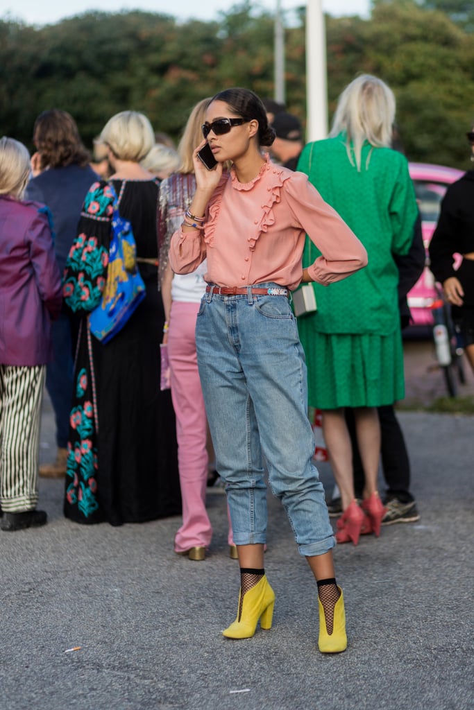 Focus on the textures in a ruched pair with standout heels and a ruffled top.