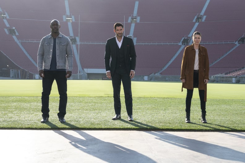 LUCIFER (L to R) D.B. WOODSIDE as AMENADIEL, TOM ELLIS as LUCIFER MORNINGSTAR and LAUREN GERMAN as CHLOE DECKER in episode 516 of LUCIFER Cr. JOHN P. FLEENOR/NETFLIX © 2021