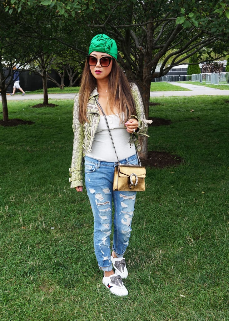 Jeans and a white t-shirt are a pretty perfect combo as is, but a music festival is a great place to add in fun pieces like a statement jacket and bright accessories.