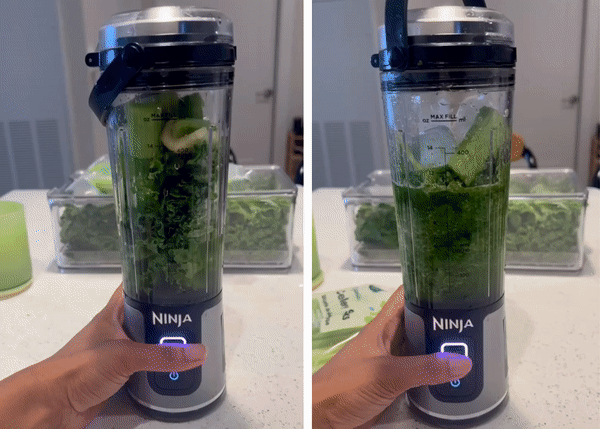 The Ninja Blast Portable Blender with water, celery, spinach, kale, and ice.