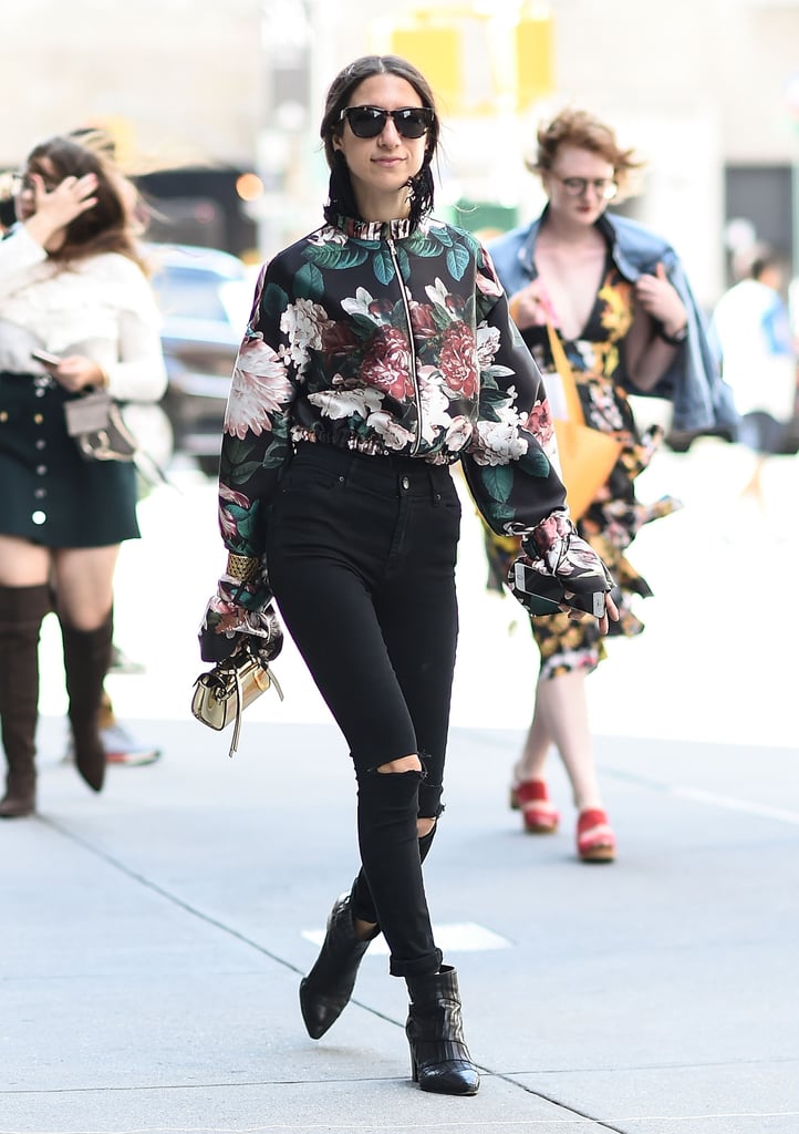 Dress up your black denim with a bright, printed floral top.