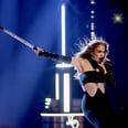 Jennifer Lopez Performs in a 3-Piece Catsuit Attached by Metal Chains