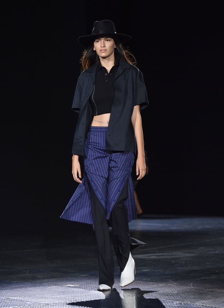 A Pinstripe Skirt Over Pants on the Rag & Bone Runway during New York Fashion Week
