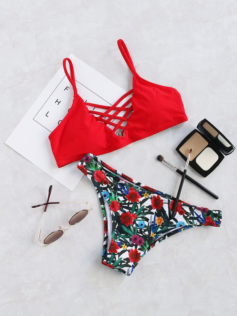 SweatyRocks Floral Print Criss Cross Bikini Set