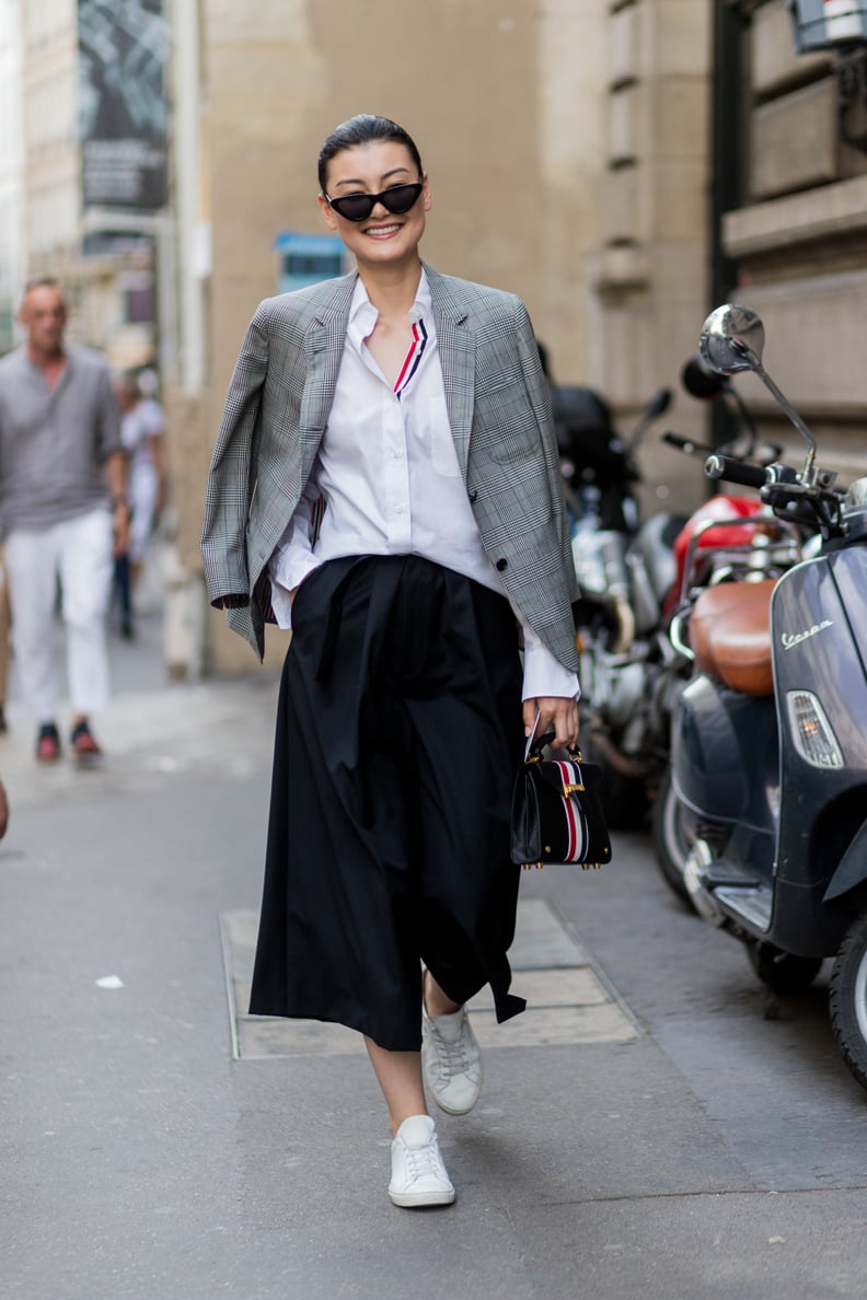 French Tuck Into Culottes Under Shoulder-Draped Blazer