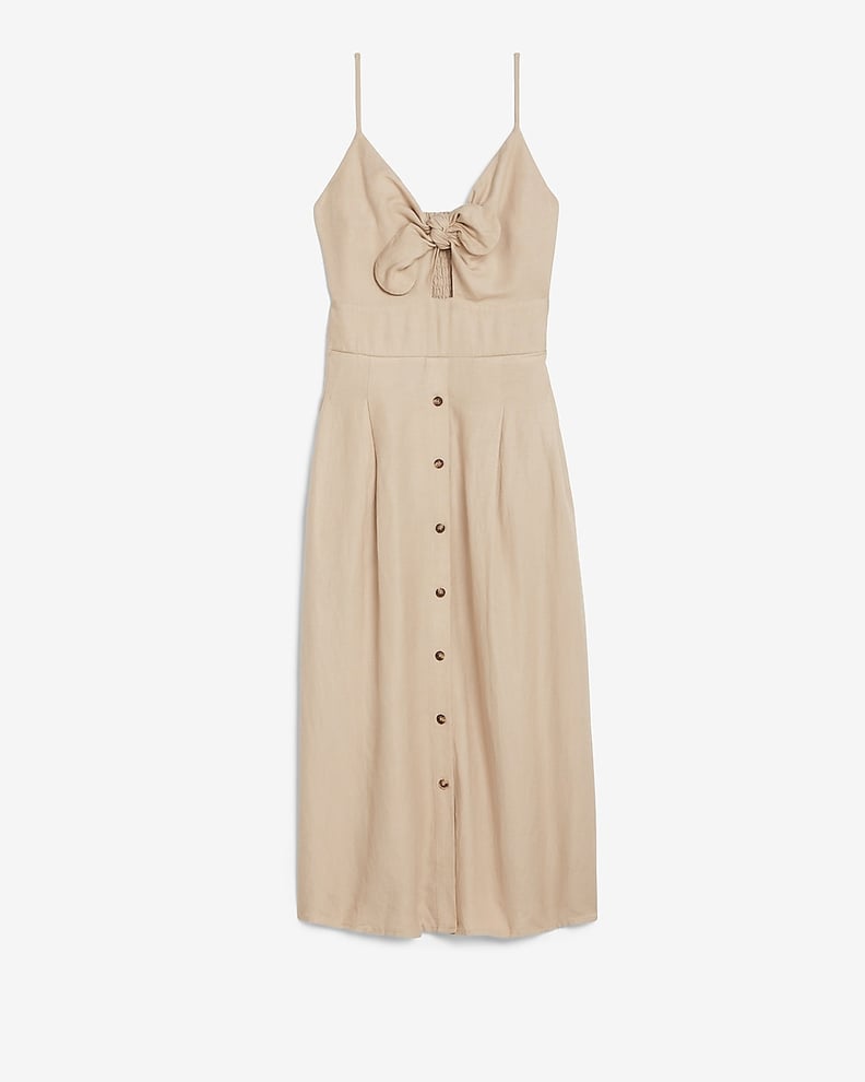 Linen-Blend Button-Front Tie Midi Dress