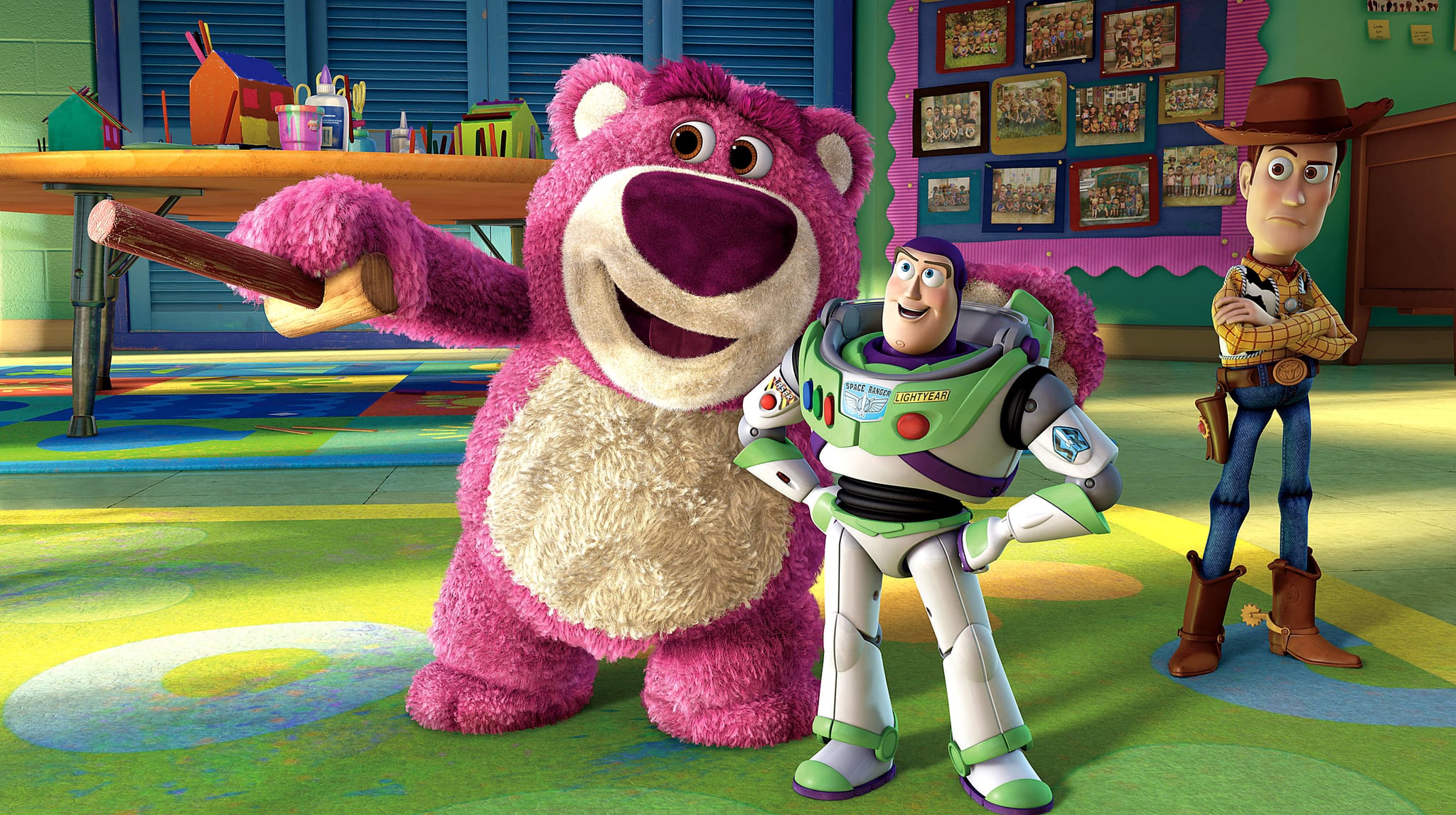 TOY STORY 3, from left: Lotso (voice: Ned Beatty), Buzz Lightyear (voice: Tim Allen), Woody (voice: Tom Hanks), 2010. Buena Vista Pictures/courtesy Everett Collection