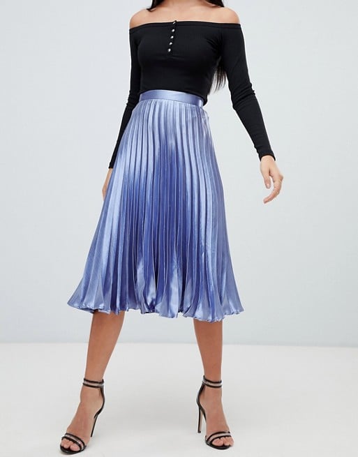 Missguided Hammered Satin Pleated Midi Skirt in Blue | Meghan Markle ...