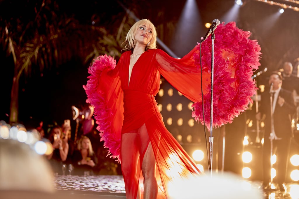 Miley Wore a Red Gucci Gown With Feather Sleeves
