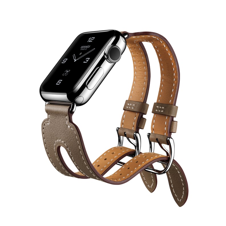 The Apple Watch Hermès in the Double Buckle Cuff in Swift and Epsom calfskin leathers.