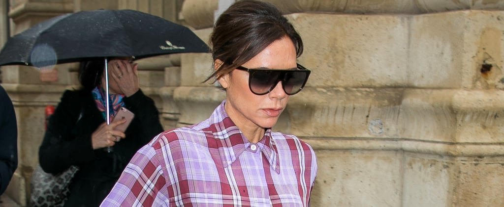 Victoria Beckham Wearing Purple Plaid Outfit With Red Boots
