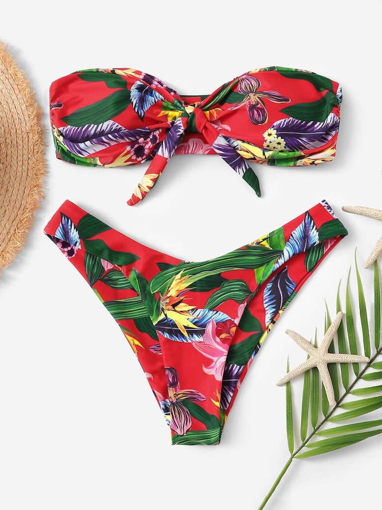 Romwe Tropical Bandeau With High Leg Bikini Set