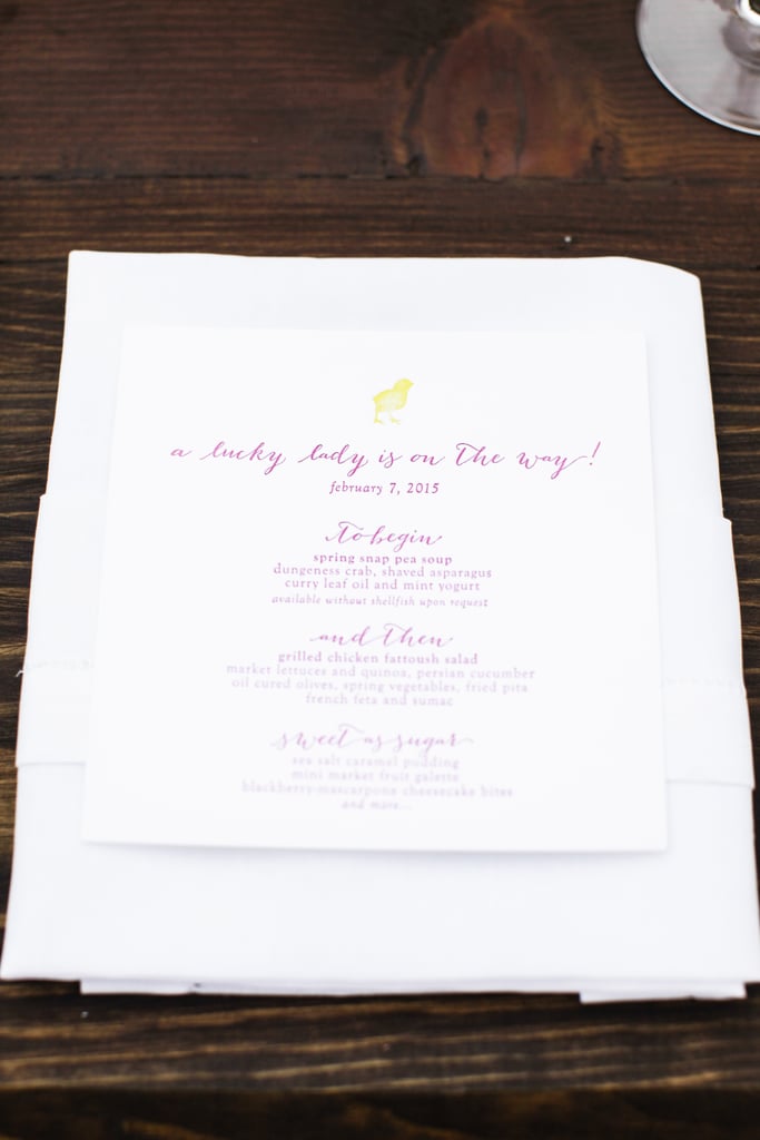 The menu was pretty in pink, and guests dined on snap pea soup and grilled chicken salad.