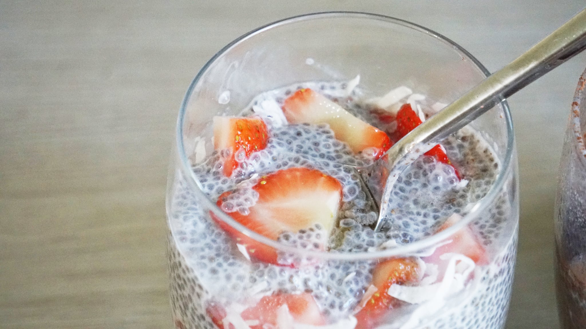 chia seed pudding: close up of finished recipe with strawberries
