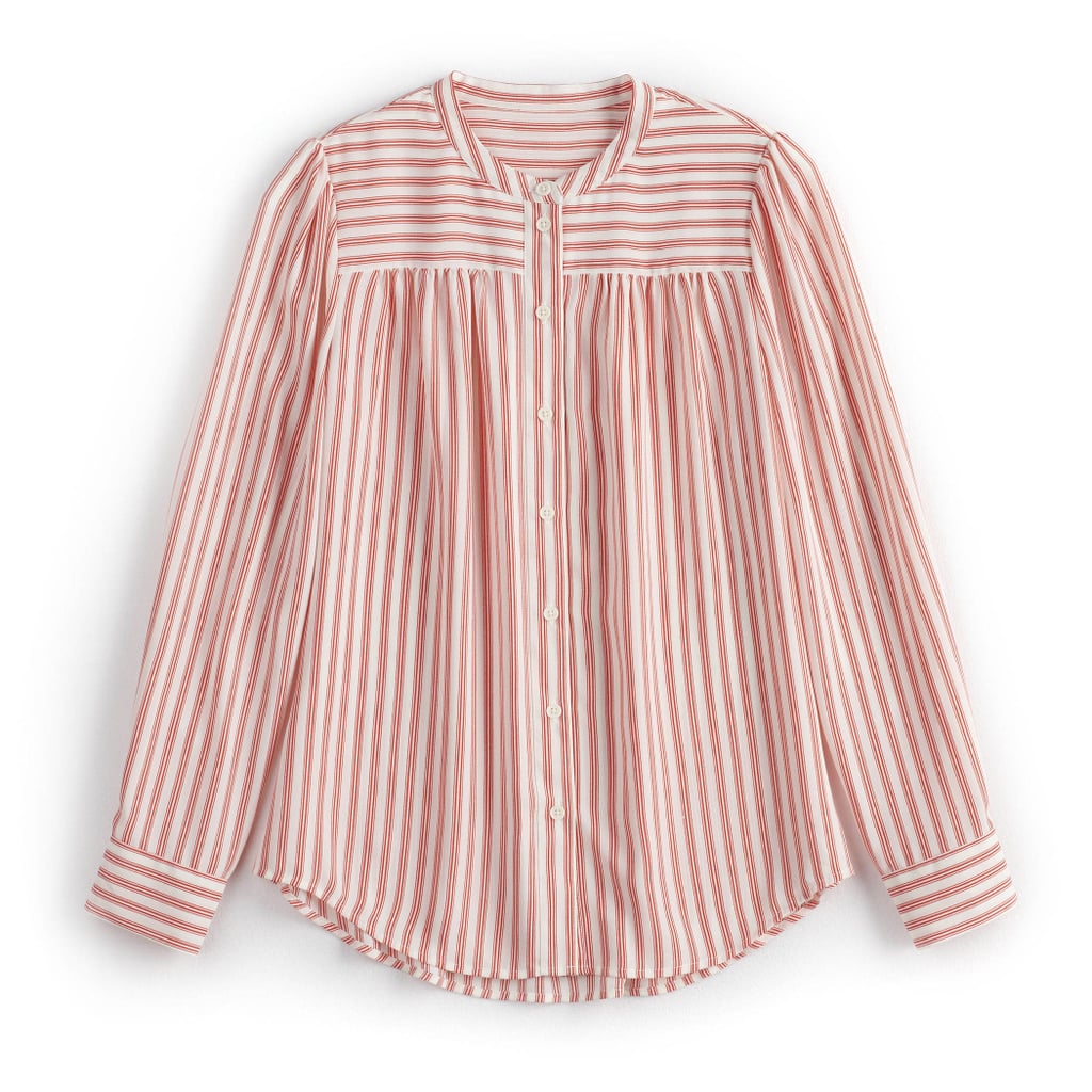 Silky Shirred Button Up in Pristine/True Red Market Stripe