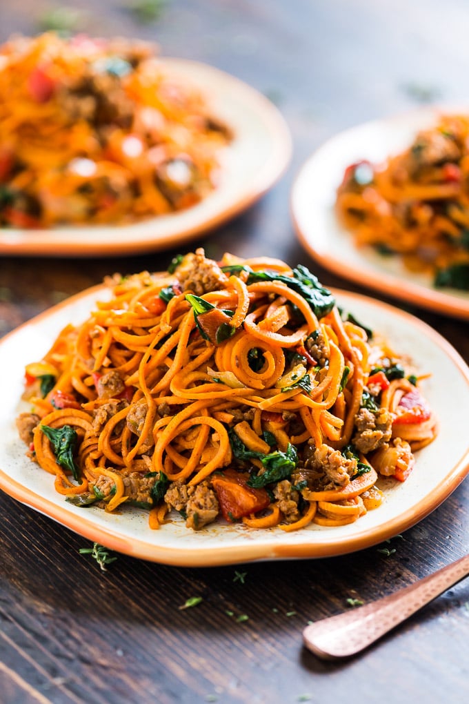 Sweet Potato Noodles With Chorizo, Roasted Red Pepper, and Spinach