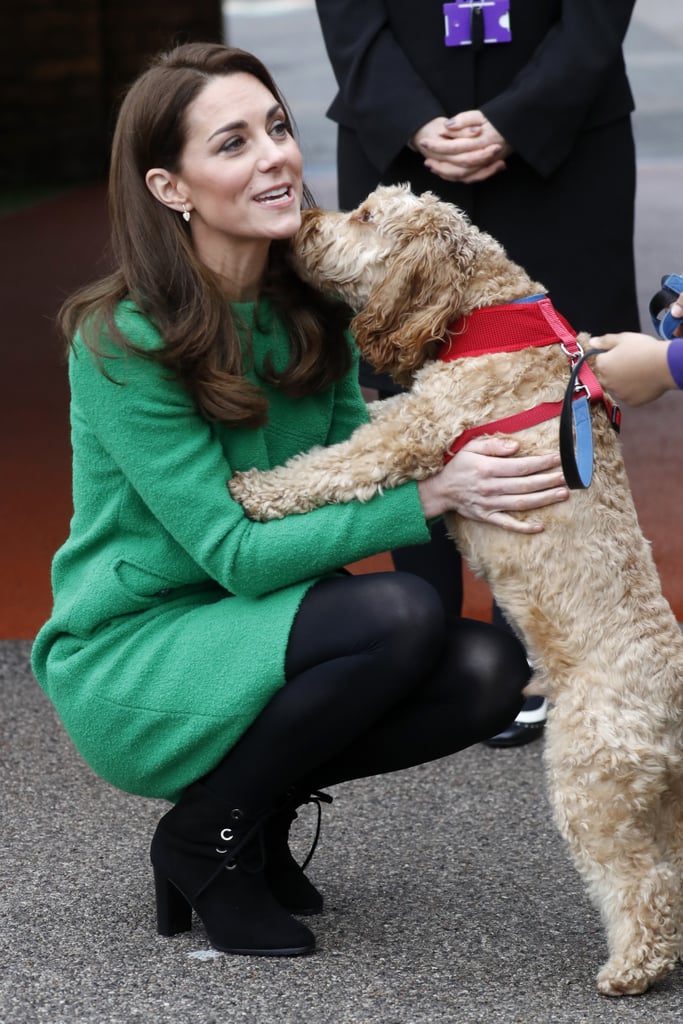 Kate got a kiss from this cute dog during her visit to Lavender Primary School in February 2019.