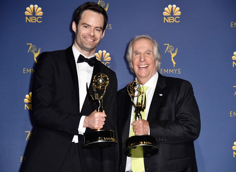 LOS ANGELES, CA - SEPTEMBER 17:  Outstanding Lead Actor in a Comedy Series Bill Hader (L) and Outstanding Supporting Actor in a Comedy Series Henry Winkler, pose in the press room during the 70th Emmy Awards at Microsoft Theater on September 17, 2018 in L