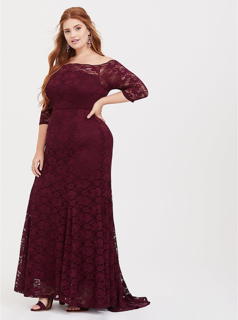 Torrid Burgundy Lace Off Shoulder Maxi Dress