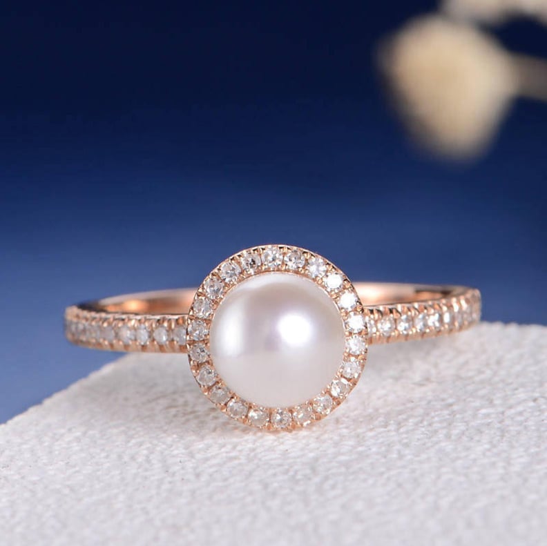 Akoya Pearl Engagement Ring With Diamond Halo