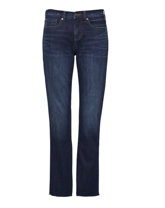Girlfriend Dark-Wash Jean with Frayed Hem